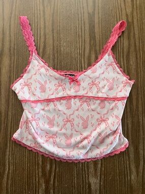 PLAYBOY Women’s  Pink & White Bow Print Lace-Trim Cami Size Medium